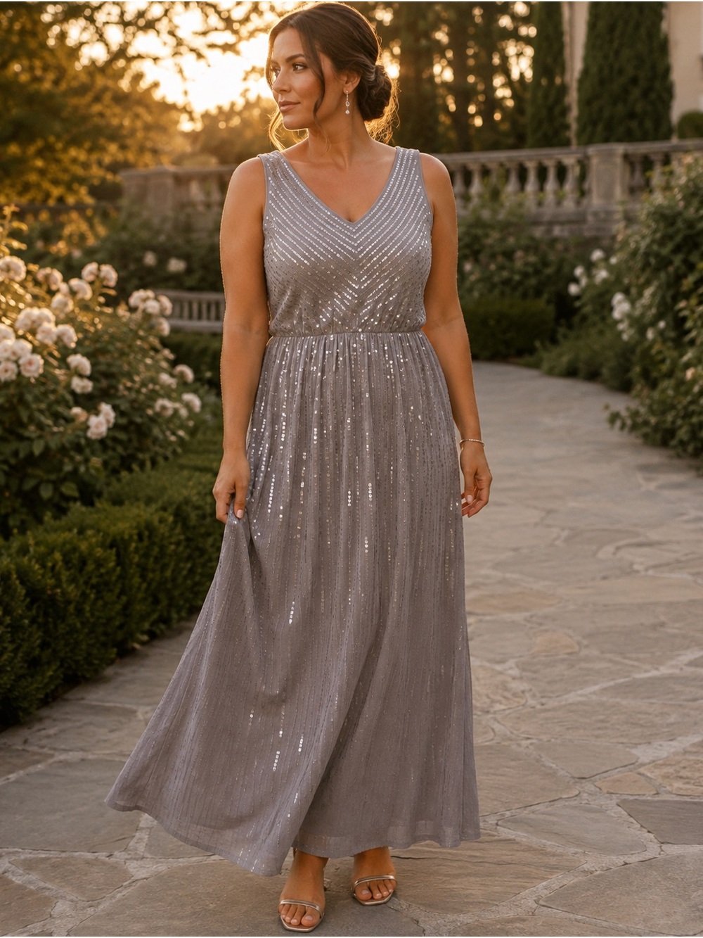 Garnet Hill Gray Sequin Maxi Dress Sleeveless V Neck Cotton Modal Large